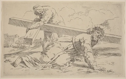 The Carrying of the Cross by Simone Cantarini, print, 1612-1648