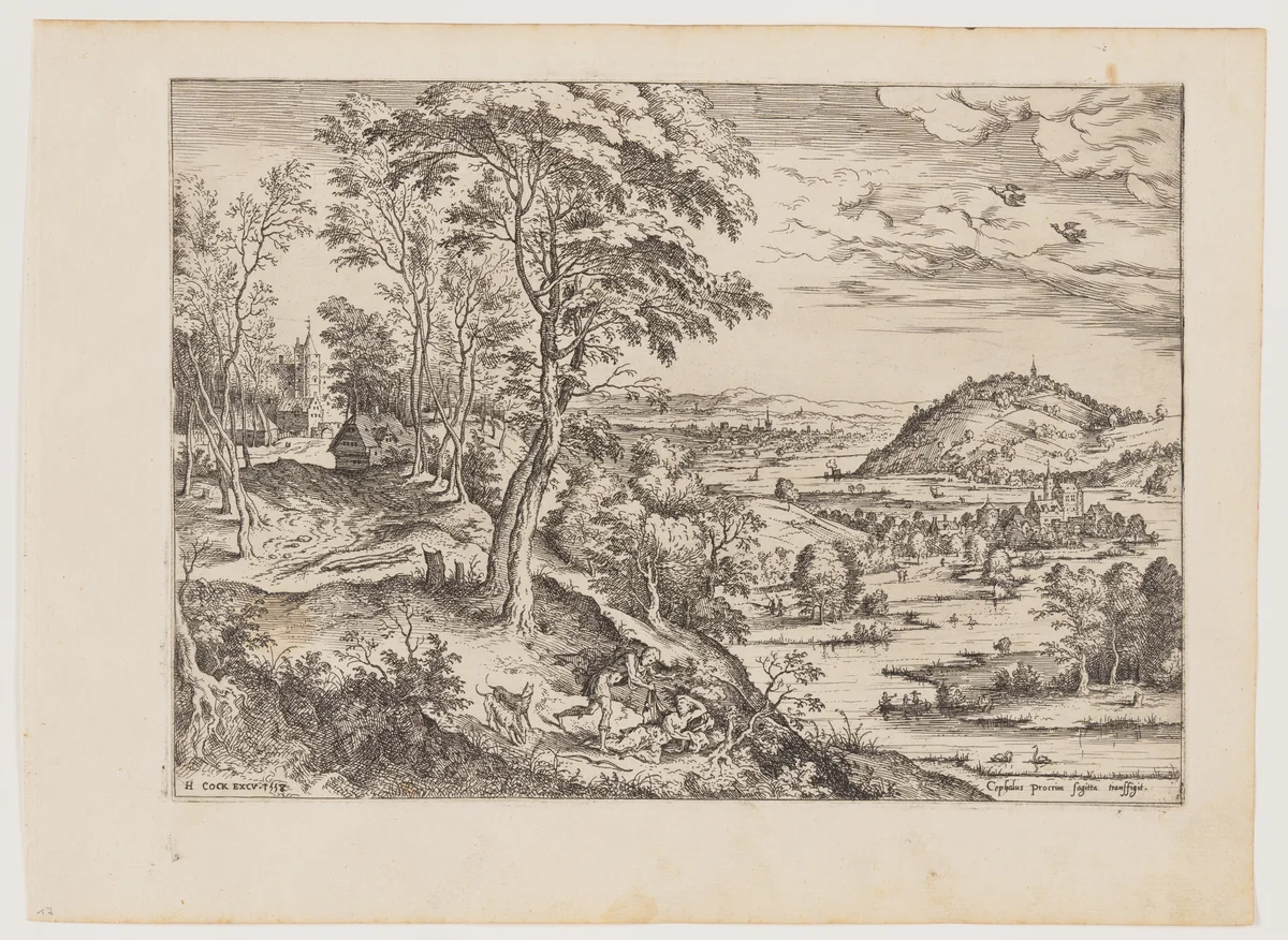 Cephalus and Procris, from Landscapes with Biblical and Mythological Scenes by Hieronymus Cock, print, 1558