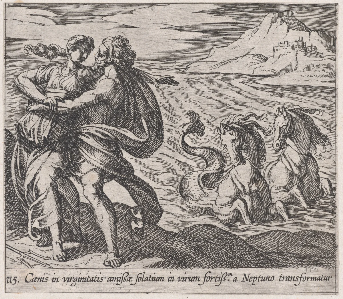 Plate 115: The Rape of Caenis (Caenis in virginitatis amißae solatium in virum fortiß.m a Neptuno transformatur), from Ovid's 'Metamorphoses' by Antonio Tempesta, print, 1606