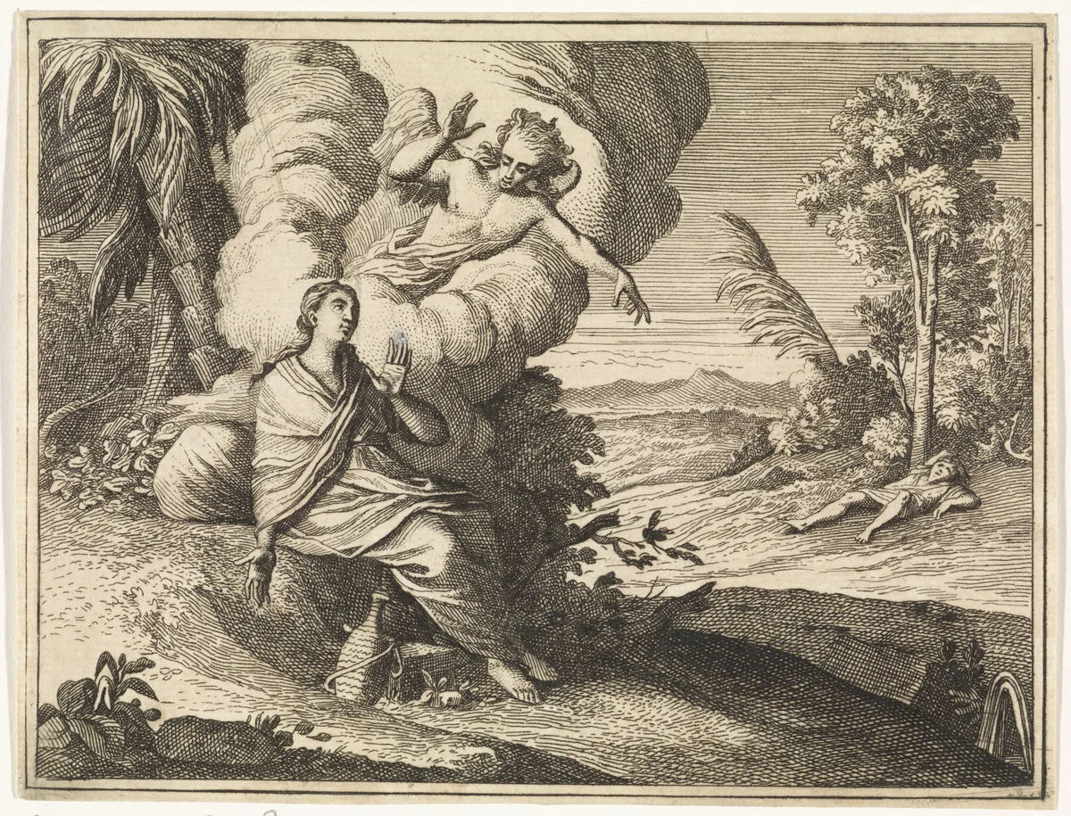 De engel wijst Hagar een bron in de woestijn by Caspar Luyken, print, 1712
