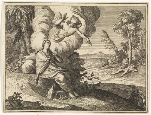 De engel wijst Hagar een bron in de woestijn by Caspar Luyken, print, 1712