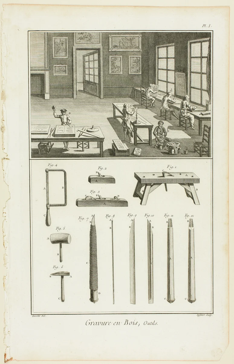 Wood Engraving, Tools, from Encyclopédie by A. J. Defehrt, print, 1762-1777