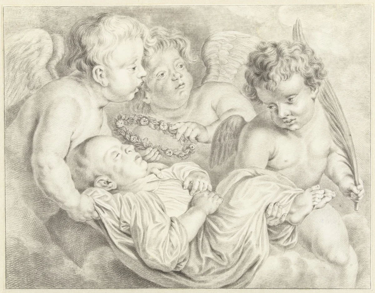 Engeltjes met dood kind by Abraham Delfos, drawing, 1741-1820