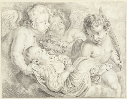 Engeltjes met dood kind by Abraham Delfos, drawing, 1741-1820