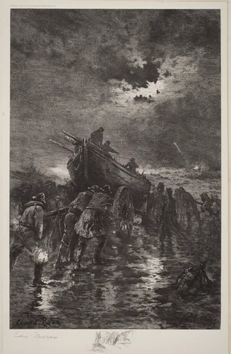 Untitled (Launching a Dory/To the Rescue/Shipwreck) by Edward Moran, print, 1895