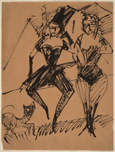 Two Dancers with a Cat by Ernst Ludwig Kirchner, drawing, 1913