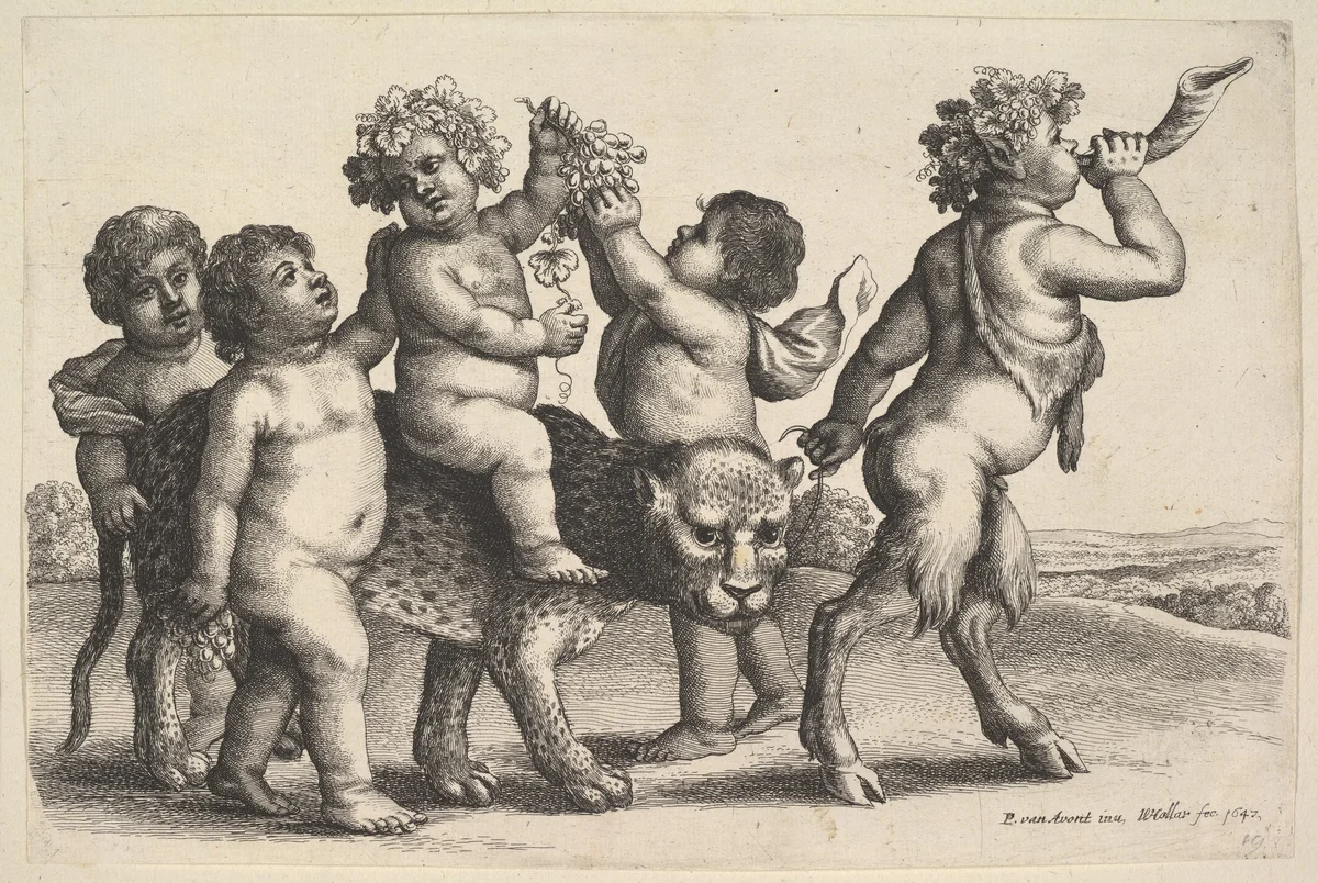 Four boys, a young satyr, and a leopard by Wenceslaus Hollar, print, 1647