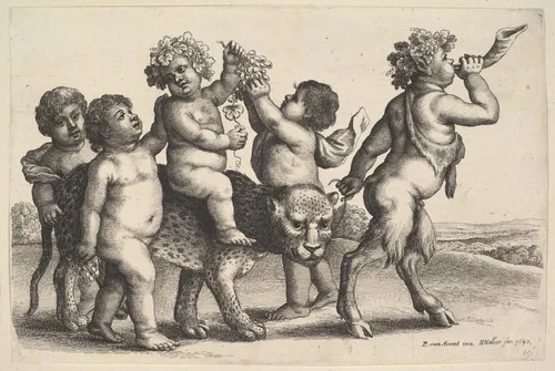 Four boys, a young satyr, and a leopard by Wenceslaus Hollar, print, 1647