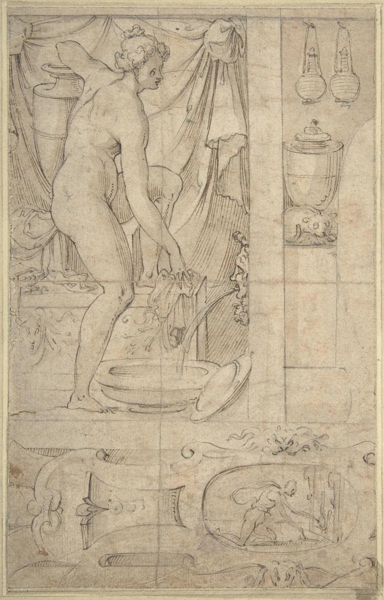 Venus Bathing by anonymous, drawing, 1500-1599