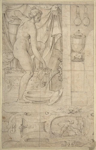 Venus Bathing by anonymous, drawing, 1500-1599