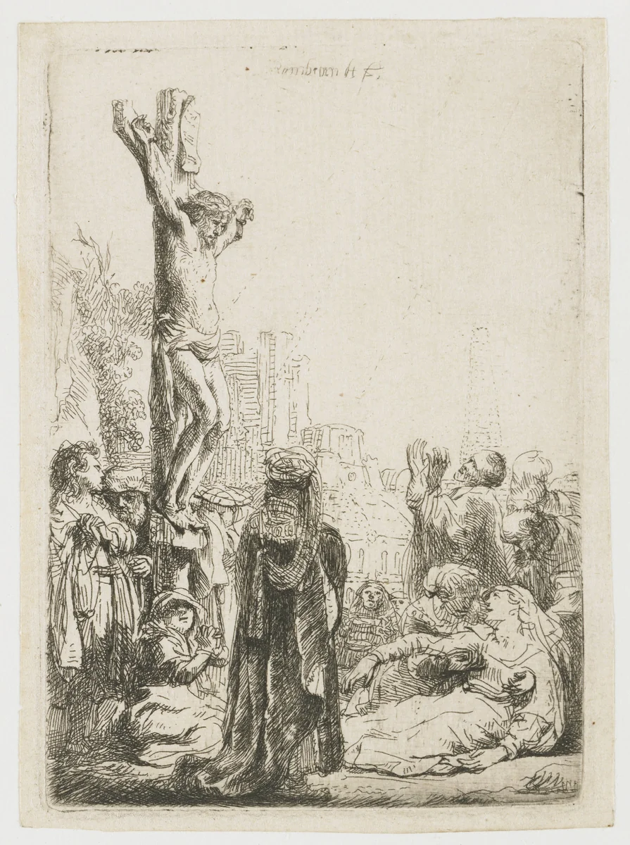 A blind hurdy-gurdy player and family receiving alms by Rembrandt van Rijn, print, 1648