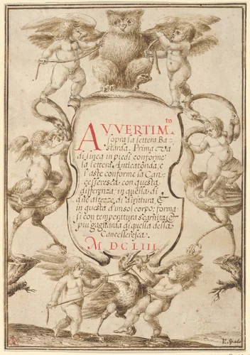 Frontispiece with Putti and Animals by Valerio Spada, drawing, 1653