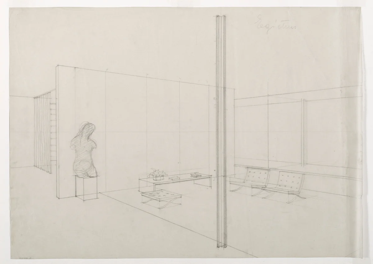 Tugendhat House, Brno, Czech Republic (Perspective of living room) by Ludwig Mies van der Rohe, mies van der rohe archive, 1928
