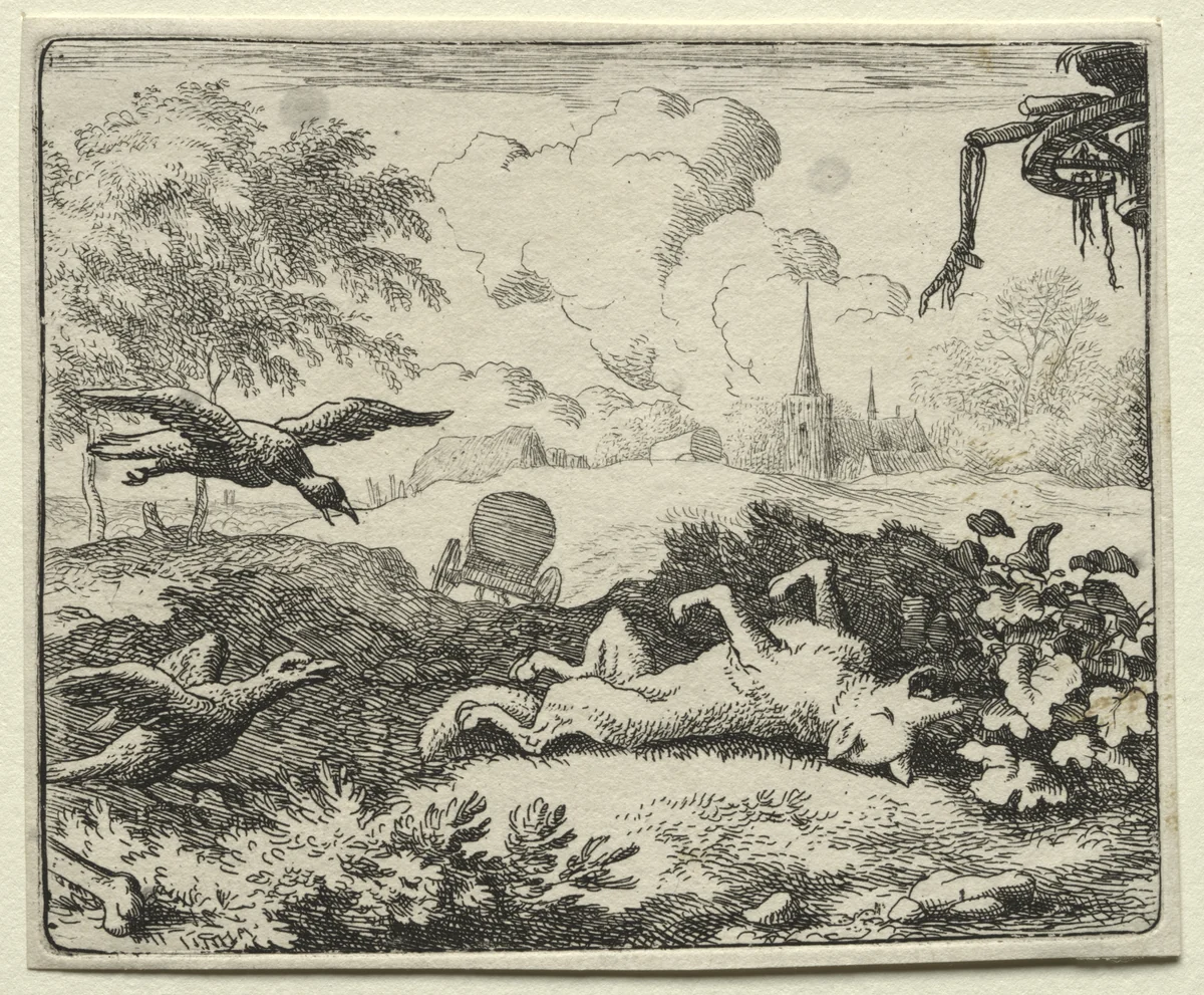 Reynard the Fox: Reynard Feigns Death by Allart van Everdingen, print, 1650-1675