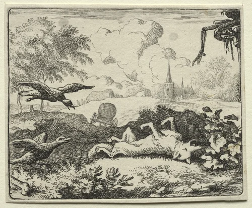 Reynard the Fox: Reynard Feigns Death by Allart van Everdingen, print, 1650-1675