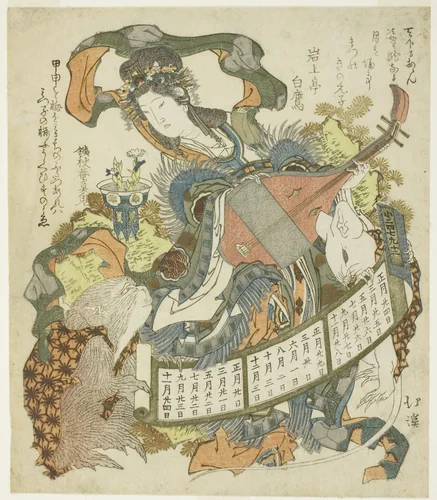 Benzaiten with monkey and rat by Totoya Hokkei (魚屋北渓), print, 1828