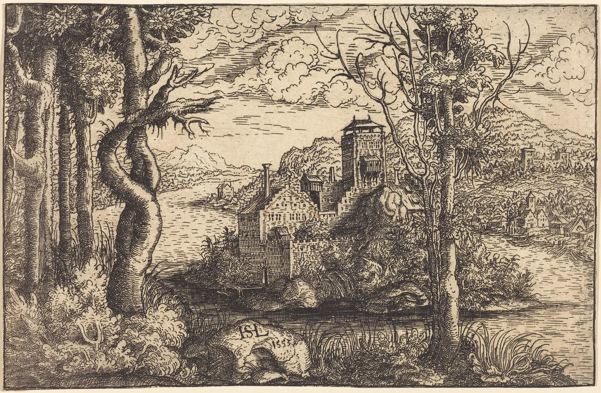 View on a River with a Castle on an Island by Hanns Lautensack, print, 1553