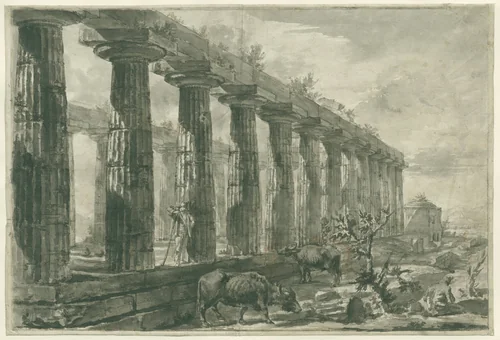 Gezicht op de tempel van ‘Juno’ bij Paestum by Giovanni Battista Piranesi, drawing, 1775