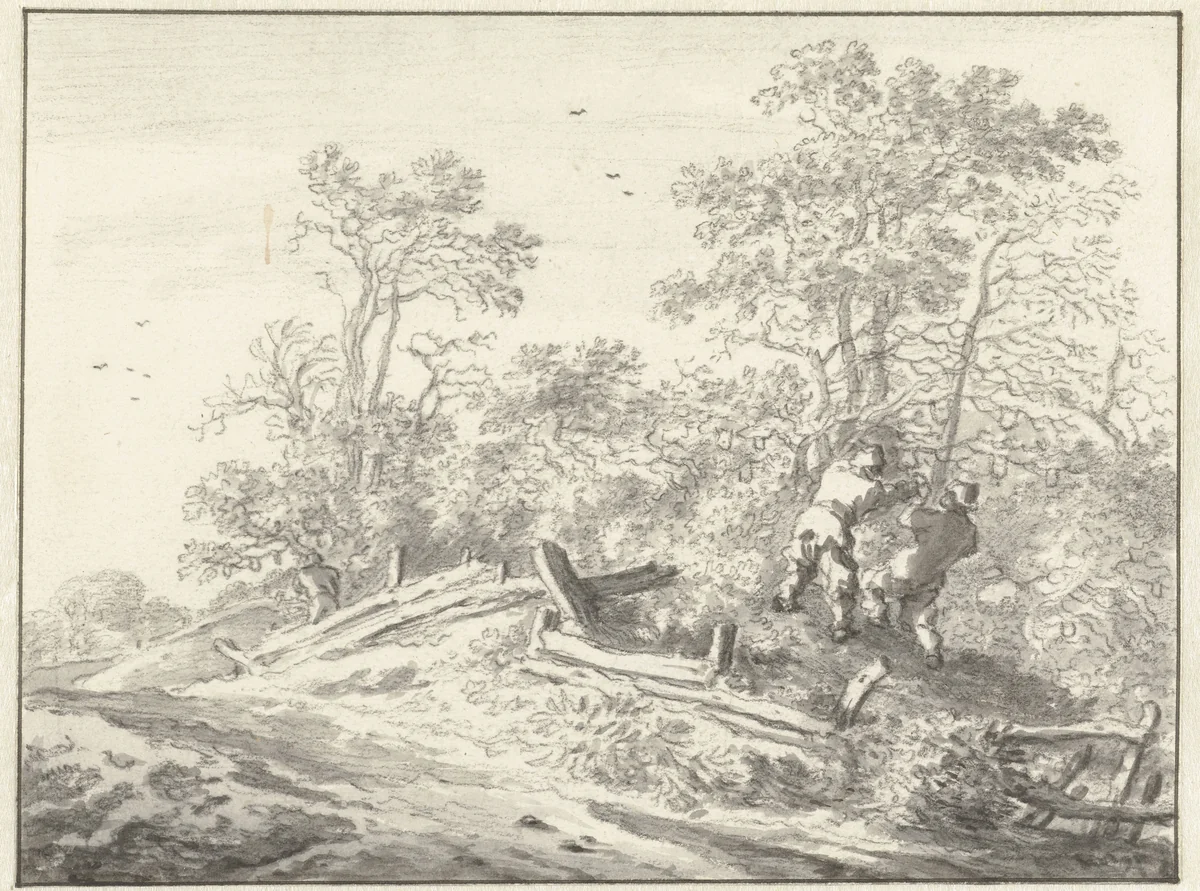 Twee houthakkers bij een begroeide wegkant by Pieter de Molijn, drawing, 1650-1660