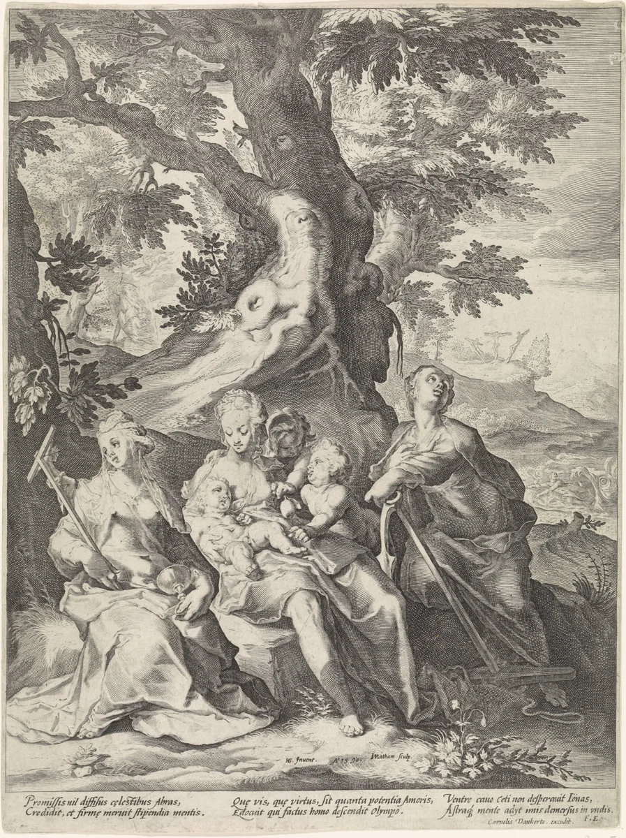 Geloof, Hoop en Liefde in een landschap by Unknown, print, 1590