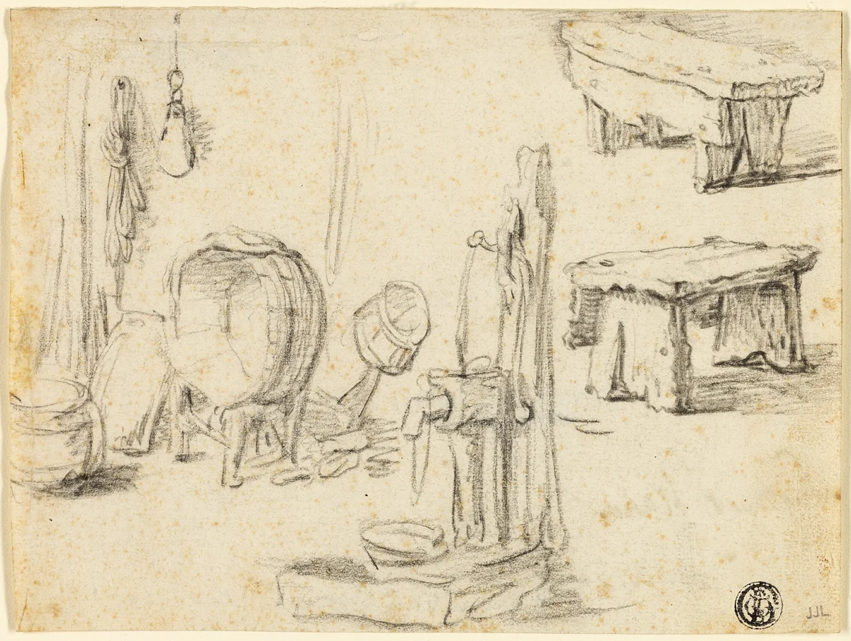 Sketches of Pump, Washtub, Benches by Adriaen van Ostade, drawing, 1630-1684