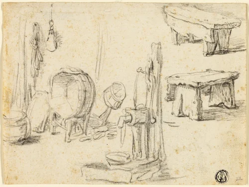 Sketches of Pump, Washtub, Benches by Adriaen van Ostade, drawing, 1630-1684