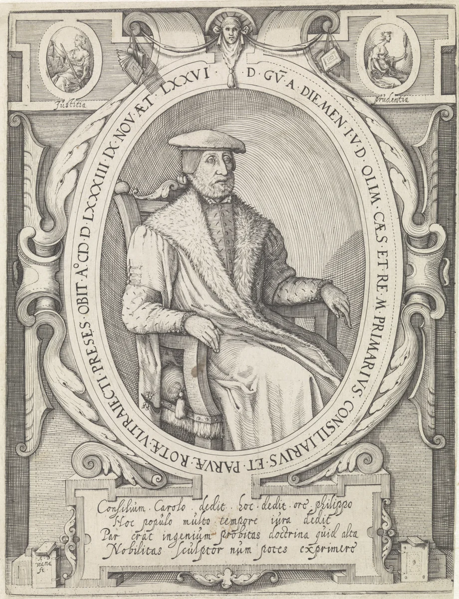 Portret van de rechtsgeleerde Willem van Diemen by Unknown, print, 1583-1627