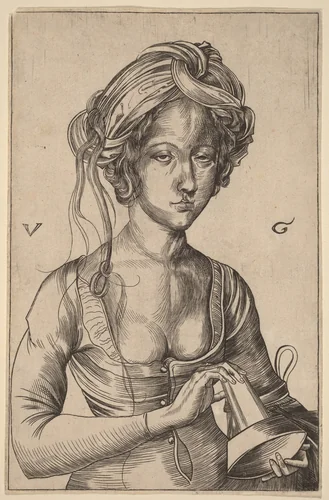 A Bust Figure of a Foolish Virgin Holding Her Inverted Lamp by Urs Graf
Martin Schongauer, print, 1485-1529