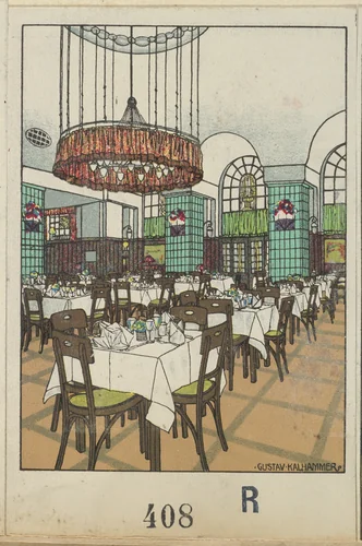 National Railway Station Restaurant, Vienna X, Josef Pohl (Restaurant Staatsbahnhof, Wien X, Josef Pohl) by Gustav Kalhammer, print, 1911