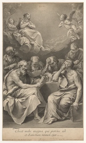 The doctors of the church consulting books and documents and contemplating the Virgin who is shown above in heaven, flanked by angels, after Reni by Johann Jakob Frey, print, 1717-1727