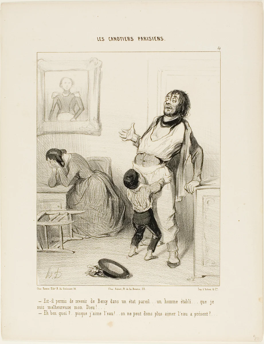 “- It really shouldn't be allowed to return from Bercy in a state like this.... an established man like you.... I am so unhappy, my God! - What's wrong?...after all, I like the water.... am I not allowed to like the water anymore?,” plate 4 from Les Canotiers Parisiens by Honoré-Victorin Daumier, print, 1843