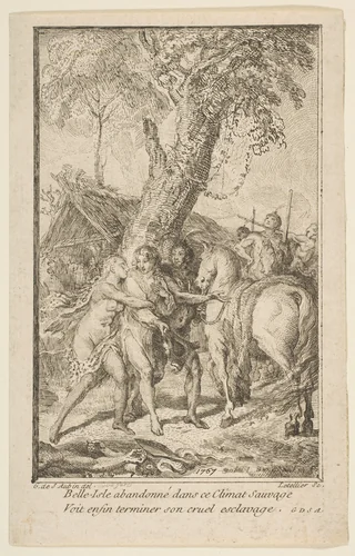 Fuite de M. de Belle-Isle, prisonnier chez les Attakapas by Gabriel de Saint-Aubin, print, 1767