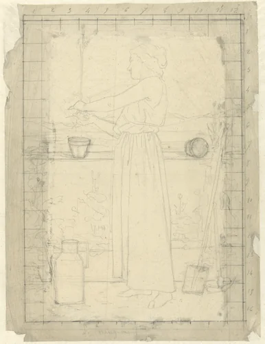 Staande vrouw die haar planten verzorgt by Ferdinand Roybet, drawing, 1850-1920