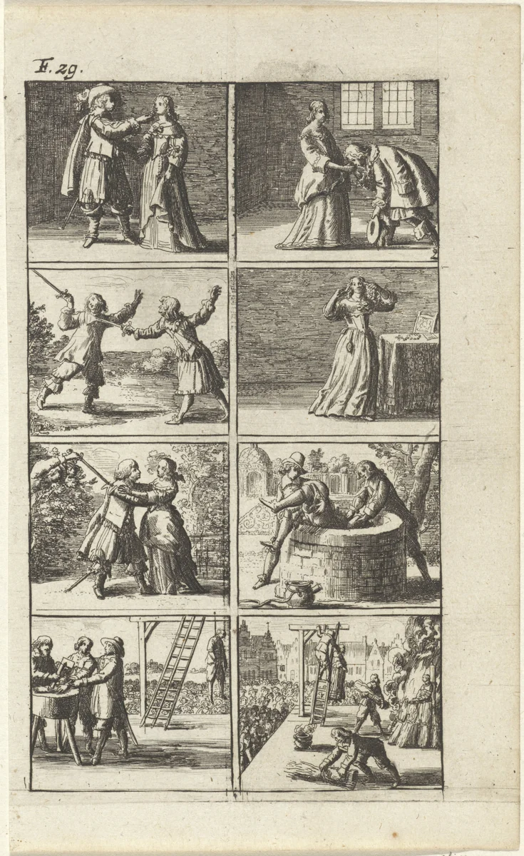 Verhaal met voorstellingen van moord en doodstraf (F. 29.) by Abraham Dircksz. Santvoort, print, 1667