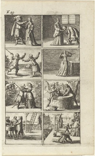 Verhaal met voorstellingen van moord en doodstraf (F. 29.) by Abraham Dircksz. Santvoort, print, 1667