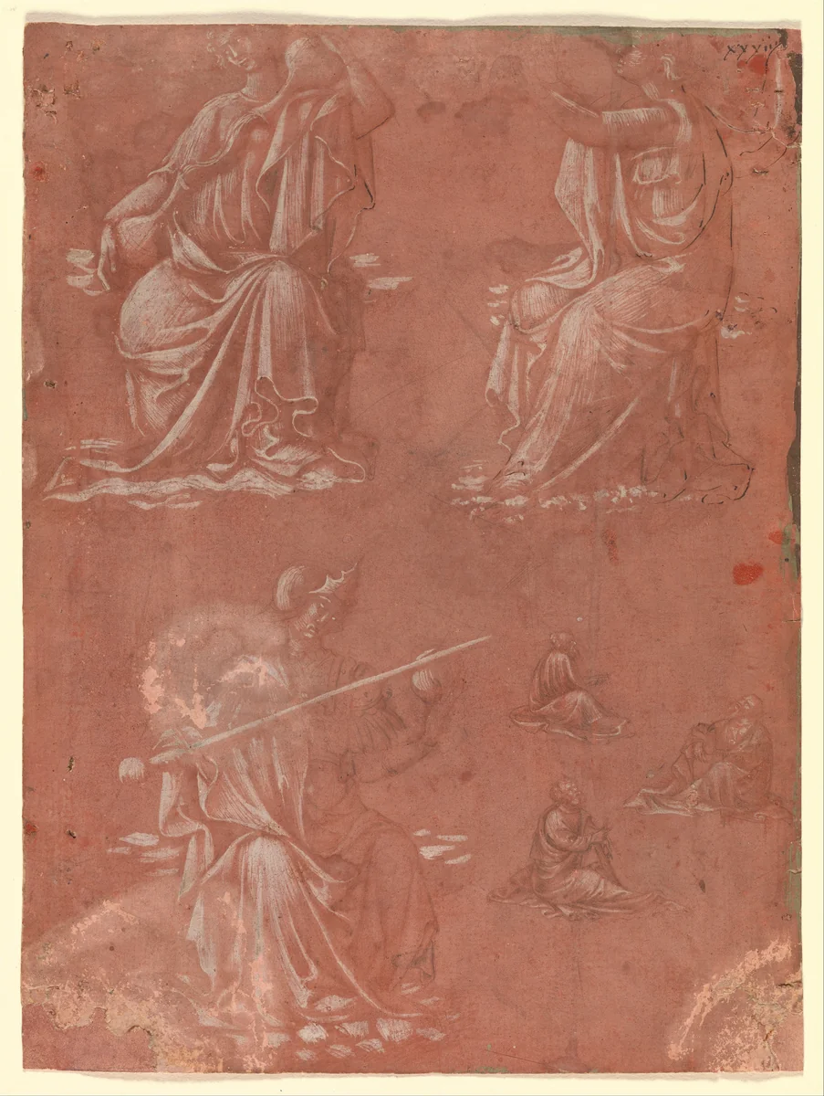 Three Virtues (Temperance, Hope, and Fortitude or Justice) and Studies of a Seated Man by Lorenzo Monaco, drawing, 1417-1423