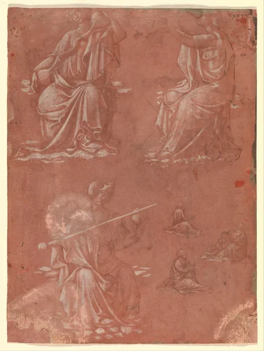 Three Virtues (Temperance, Hope, and Fortitude or Justice) and Studies of a Seated Man by Lorenzo Monaco, drawing, 1417-1423