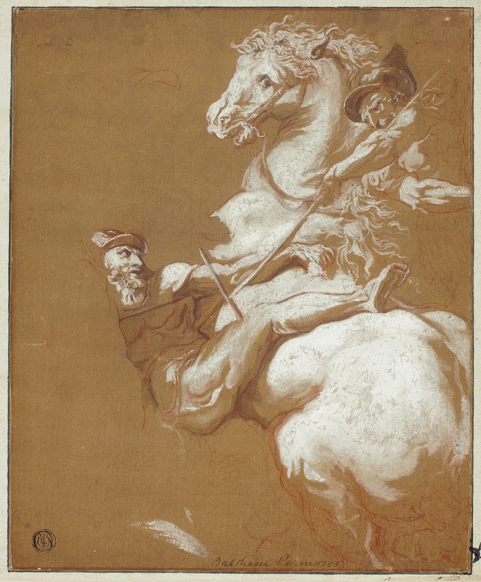 Combat Between Horseman and Footsoldier by Balthasar Permoser, drawing, 1671-1732