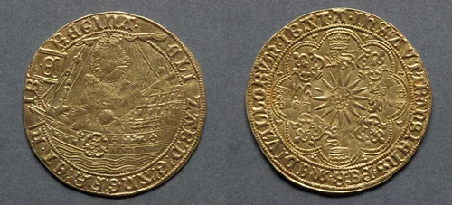 Ryal: Elizabeth I in Ship (obverse); Rose over Radiate Sun (reverse) by Unknown, metalwork, 1583-1585