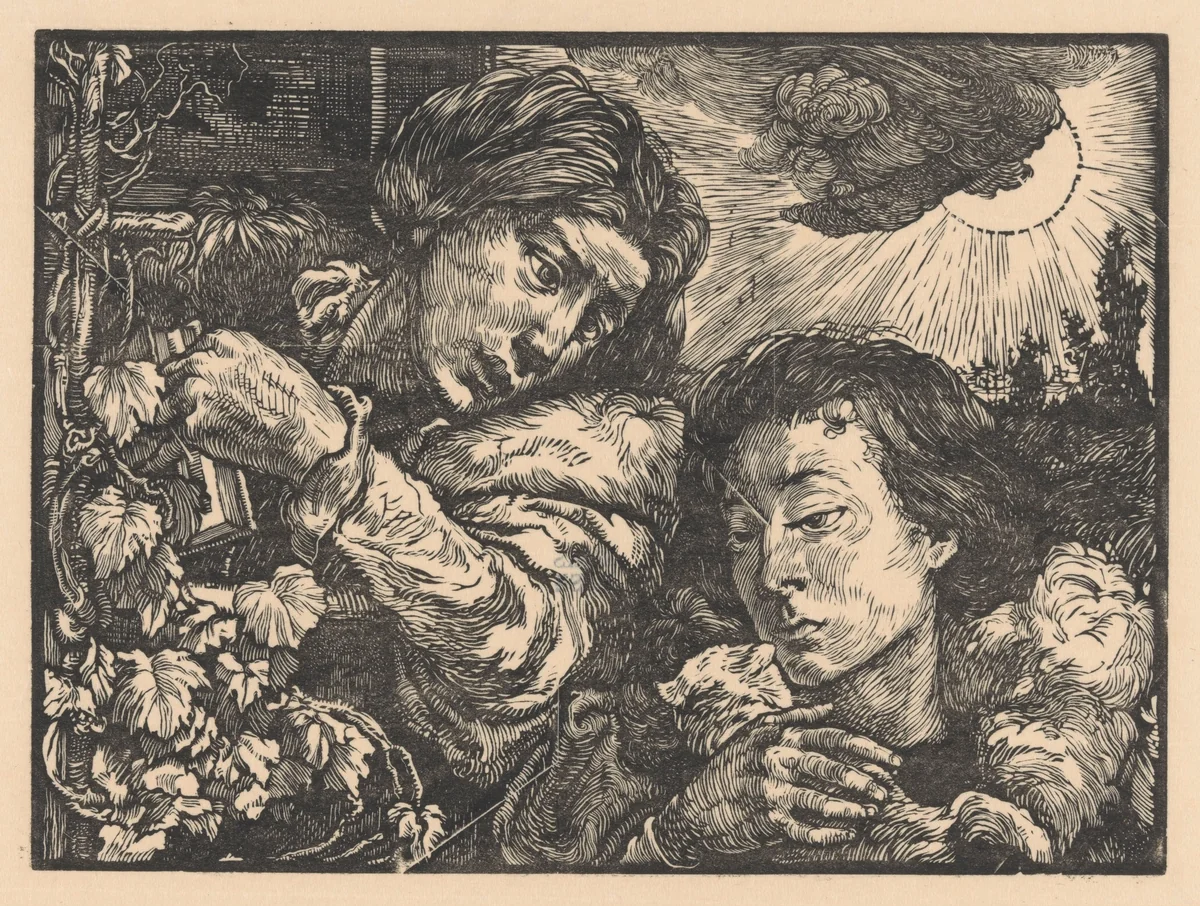 Twee vrouwen bij een wijnrank by Johannes Josephus Aarts, print, 1897