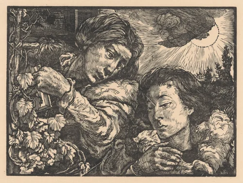 Twee vrouwen bij een wijnrank by Johannes Josephus Aarts, print, 1897
