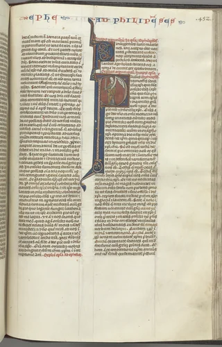 Fol. 452r, Philippians, historiated initial P, Paul standing with a sword and a scroll, talking to the bust of God above by Unknown, book, 1270-1300