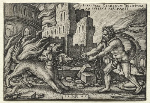 The Labors of Hercules: Hercules Dragging Cerberus from the Underworld by Hans Sebald Beham, print, 1545