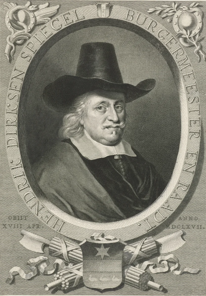 Portret van Hendrick Dircksz. Spiegel by Jan van Munnickhuysen, print, 1685