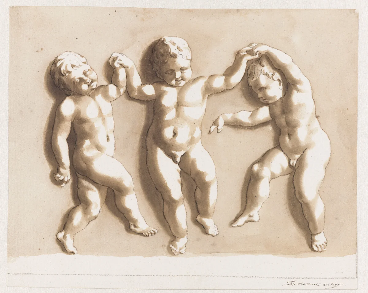 Drie dansende kinderen by Jan de Bisschop, drawing, 1648-1671