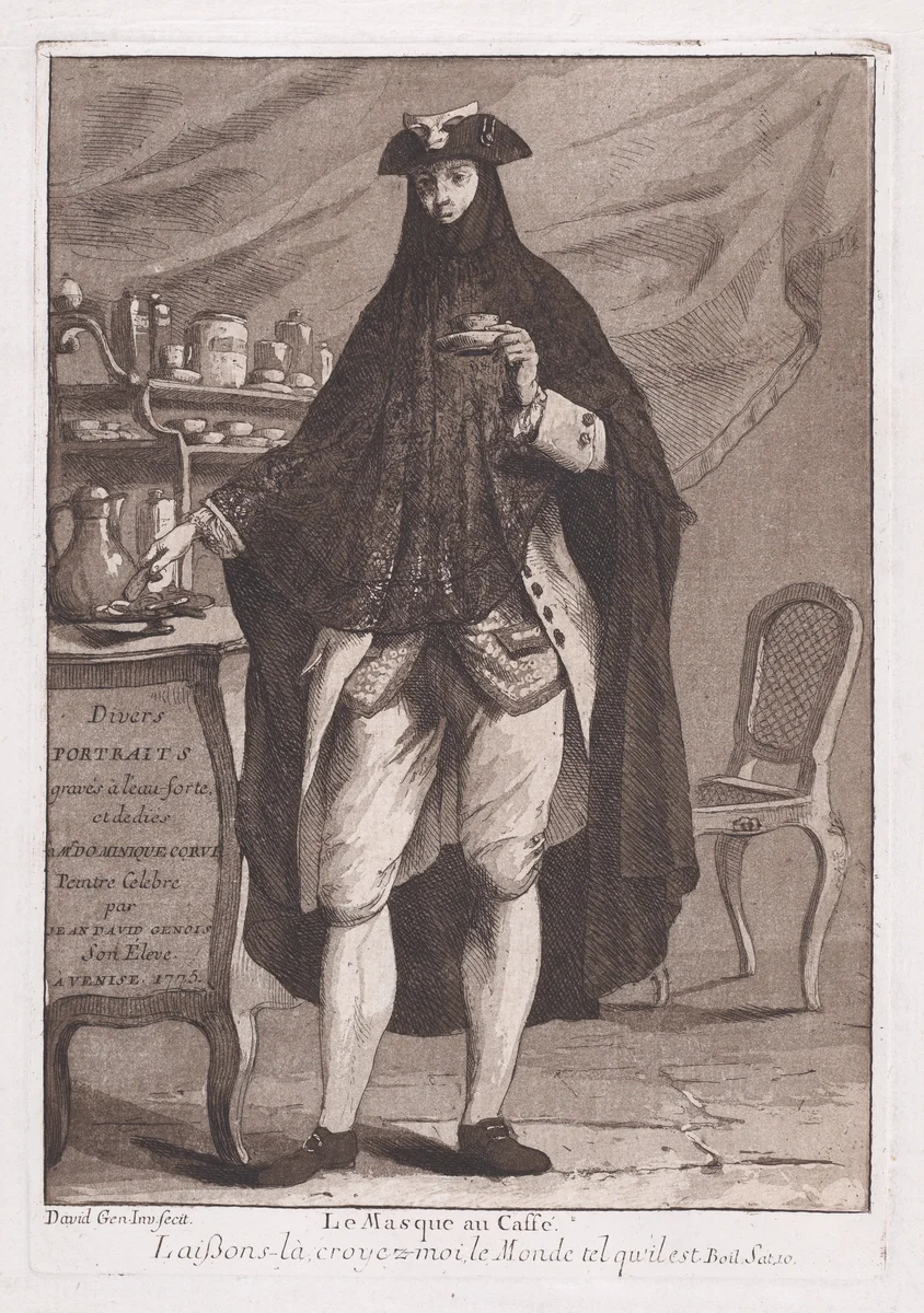 A man wearing a mask drinking a cup of coffee (Le Masque au Caffé), title page to "Divers Portraits" by Giovanni David, print, 1775