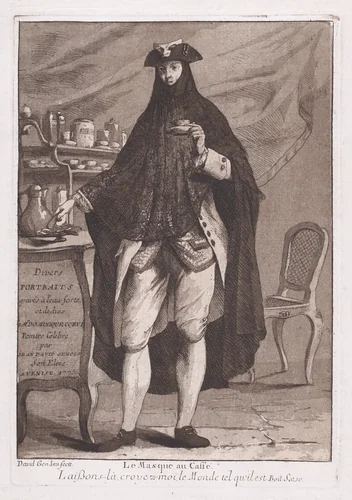 A man wearing a mask drinking a cup of coffee (Le Masque au Caffé), title page to "Divers Portraits" by Giovanni David, print, 1775