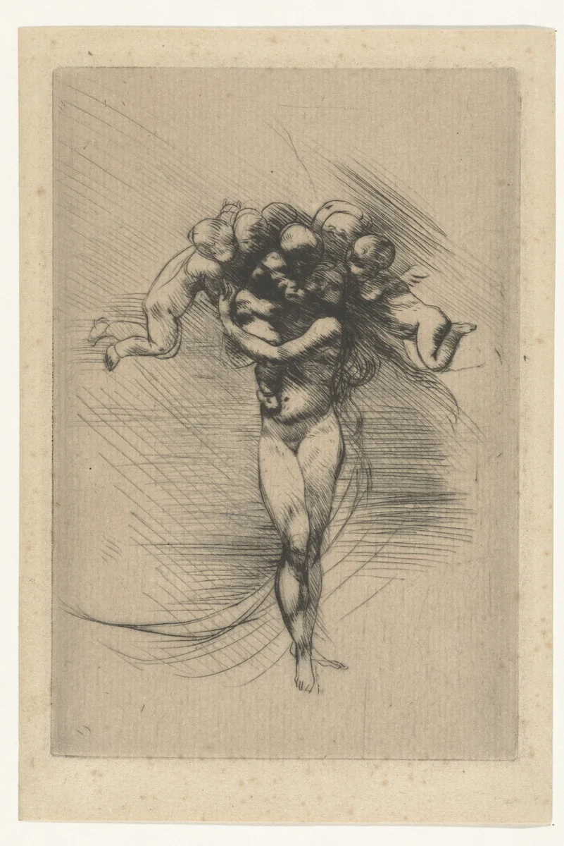 Naakte vrouw of Venus omcirkeld door putti by Auguste Rodin, print, 1882-1888