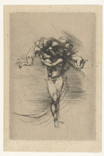 Naakte vrouw of Venus omcirkeld door putti by Auguste Rodin, print, 1882-1888