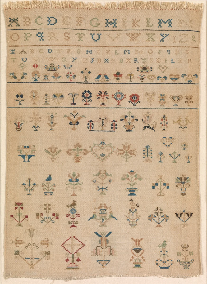 Amish sampler with lettering and motifs by Barbara Beiler, artwork, 1800-1825